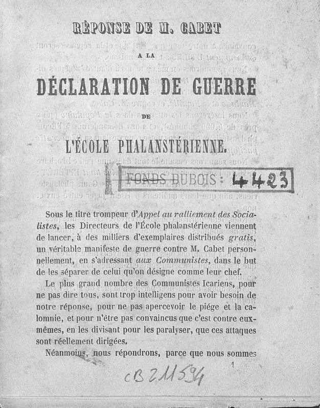 Réponse de M. Cabet à la déclaration de guerre de l'école phalansterienne
