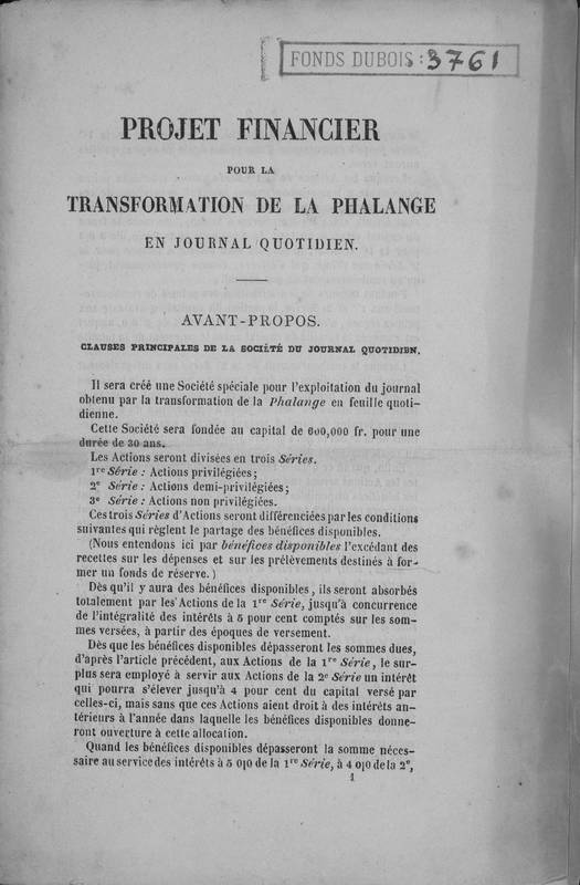 Projet financier pour la transformation de la Phalange en journal quotidien