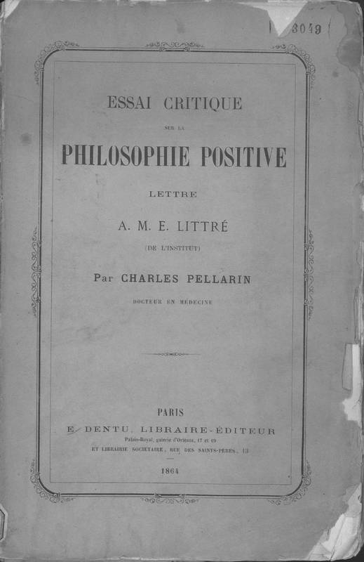 Essai critique sur la philosophie positive : Lettre à M. E. Littré (de l'Institut)