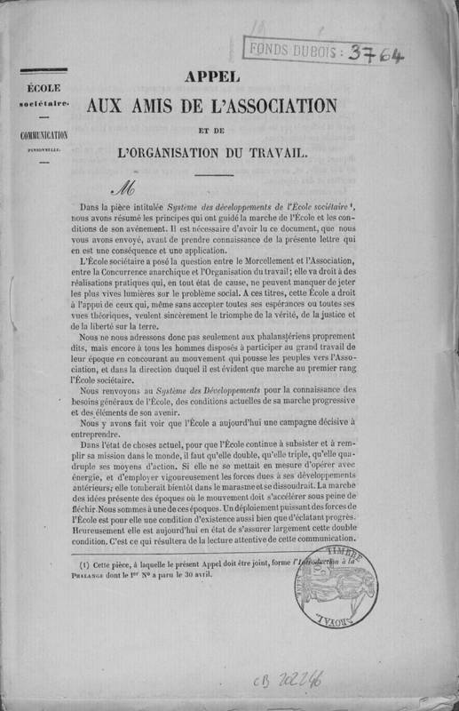 École sociétaire. Communication personnelle. Appel aux amis de l'association et de l'organisation du travail