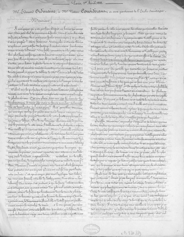 Lettre à M. Victor Considerant et aux partisans de l'Ecole sociétaire