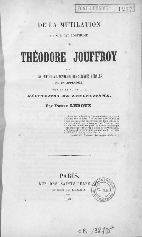 De la mutilation d'un écrit posthume de Théodore Jouffroy