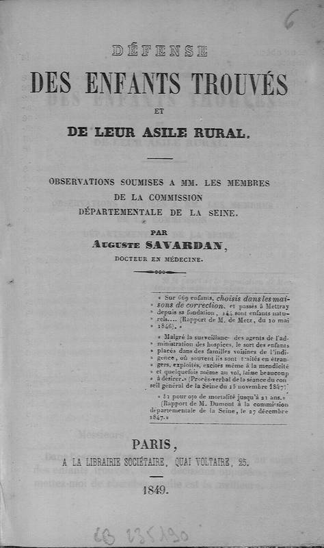 Défense des enfants trouvés et de leur asile rural