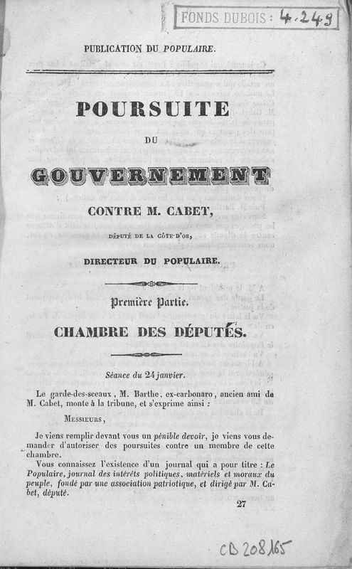 Poursuite du gouvernement contre M. Cabet, député de la Côte d'Or, directeur du Populaire