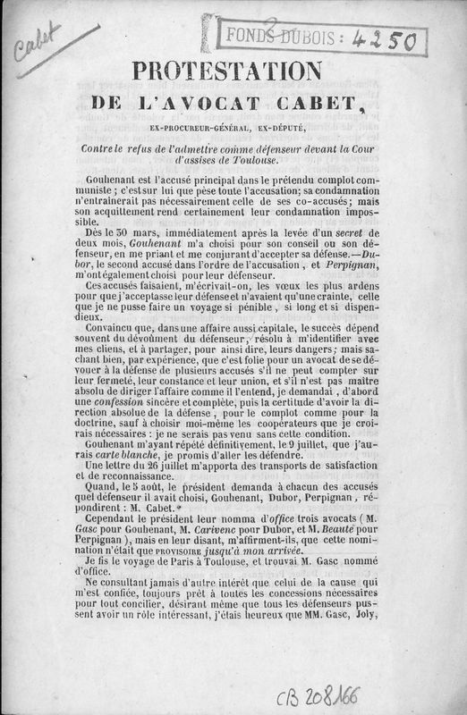 Protestation de l'avocat Cabet : ex-procureur-général, ex-député, contre le refus de l'admettre comme défenseur devant la Cour d'assises de Toulouse