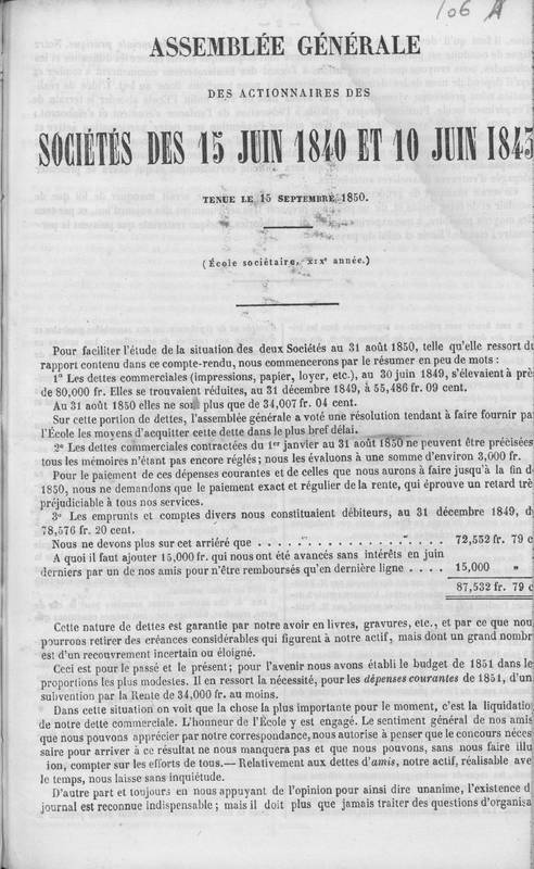 Assemblée générale des actionnaires des Sociétés des 15 juin 1840 et 10 juin 1843 tenue le 15 septembre 1850