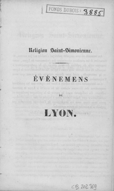 Religion saint–simonienne. Evénemens de Lyon. 